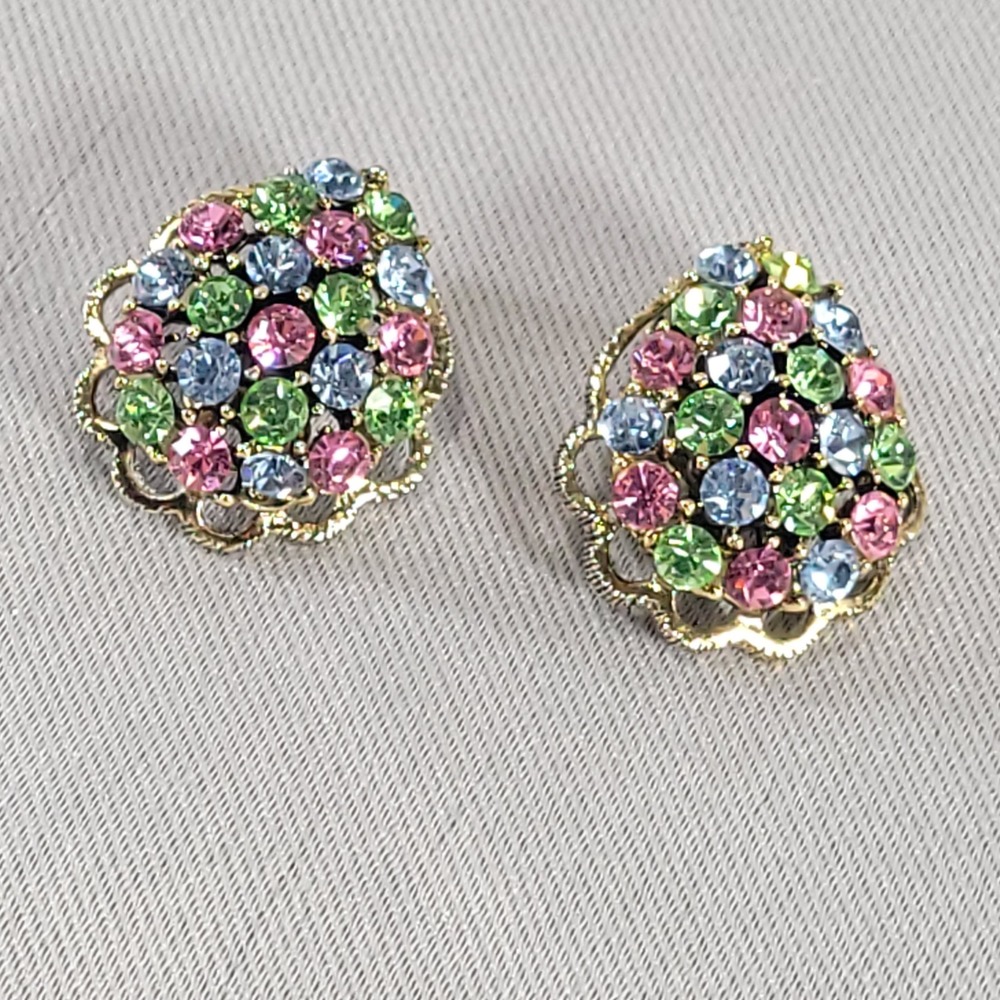 Weiss Clip On Earrings Multi Color Rhinestone UV Glow Cluster Vintage